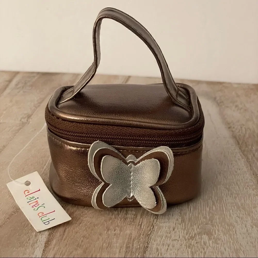 NWT Claire’s metallic brown little zipper jewelry train case with 3D Butterfly